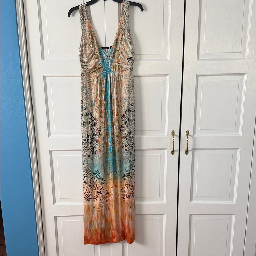 Apt. 9 Cream Maxi Dress with Teal and Orange Ombre